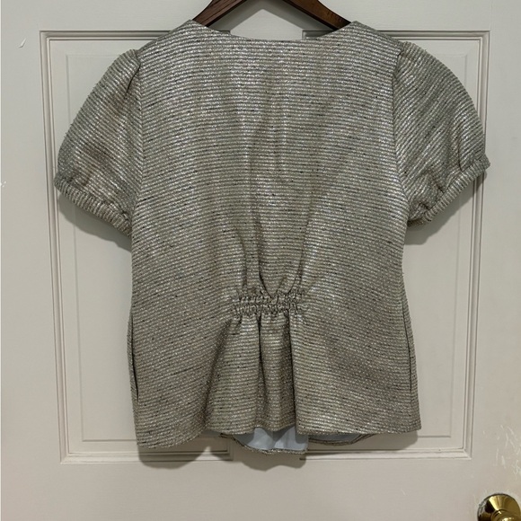 Loeffler Randall Puff Sleeve Metallic Gold Peplum Blouse Size 4 Romantic Femme - Picture 3 of 7